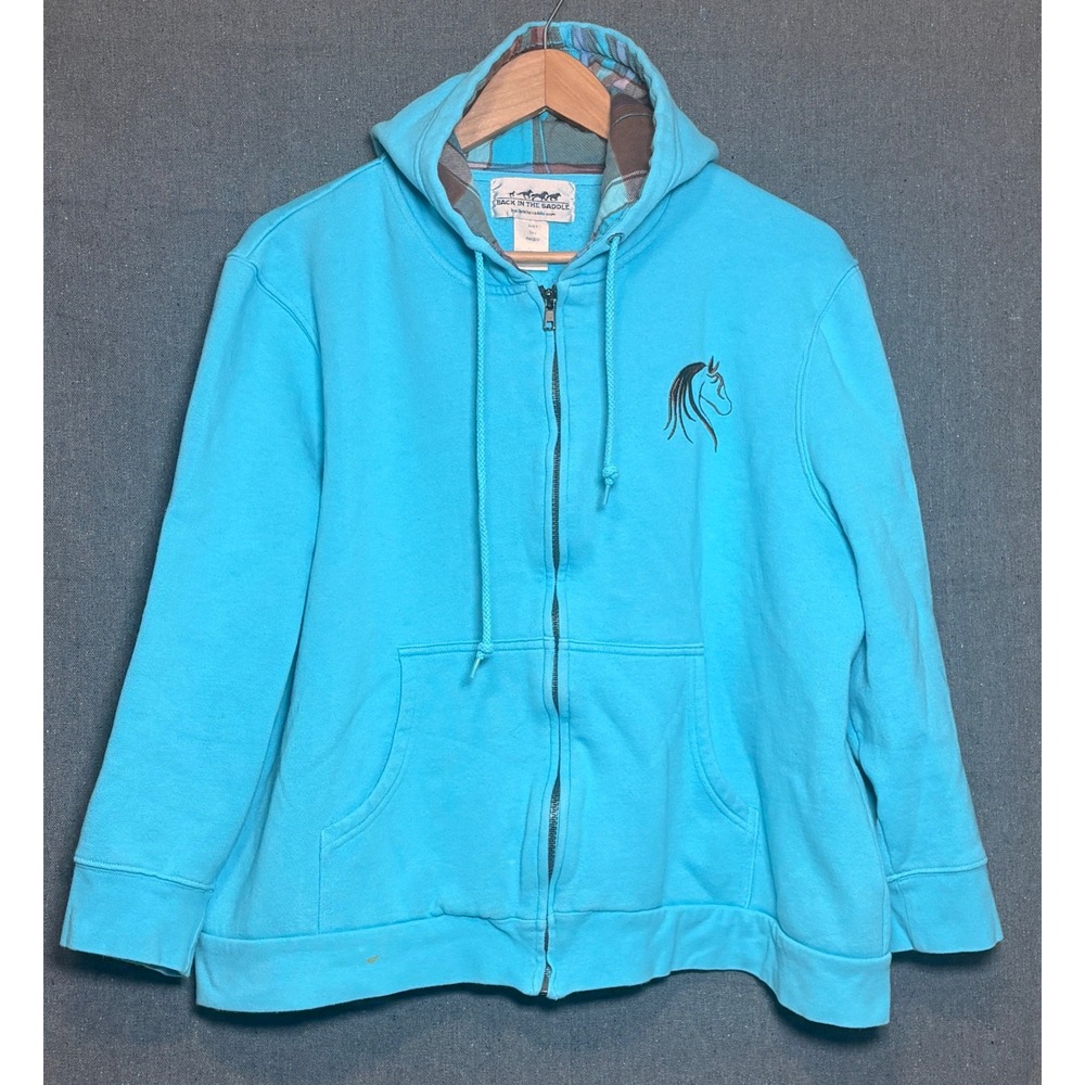 Back In The Saddle Womens 1X Turquoise Blue Full Zip Hoodie Plaid Lined Hood